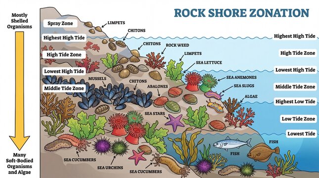 Detailed Handdrawn Rock Shore Zonation Illustration with Fauna and Flora