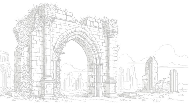 Detailed line art illustration of ancient stone arch ruins in a desolate landscape, historical architecture sketch, fantasy concept art