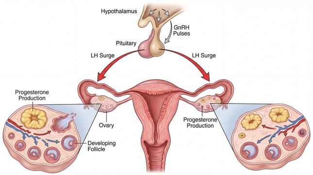Detailed Medical Illustration of the Female Reproductive System and Hormonal Cycle