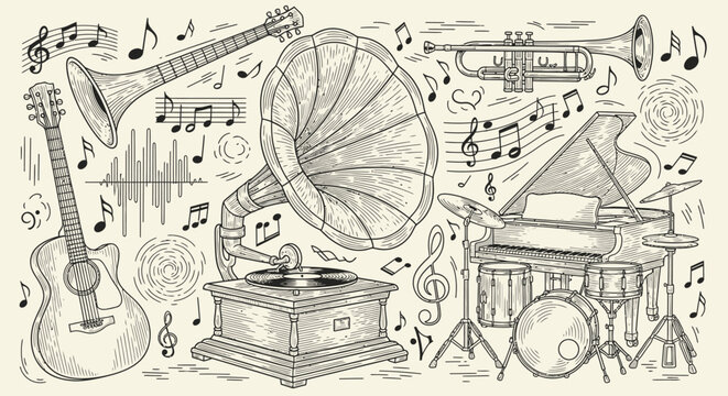 Vintage musical instruments and notes hand-drawn set. Retro music collection with guitar, gramophone, piano, drums, trumpet, and sound waves.