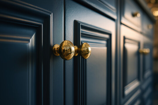Close-up of Deep Navy Blue Kitchen Cabinet with Polished Gold Knobs