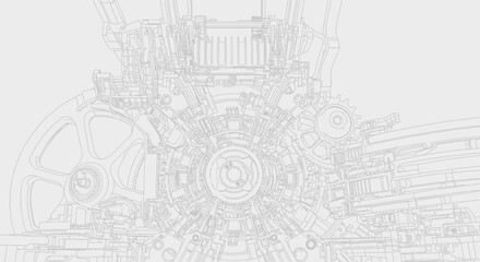 Fototapeta premium Intricate mechanical blueprint illustration of complex engine gears and industrial machinery on a light background, technology concept.