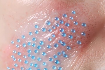 Fototapeta premium Macro 3D Illustration of Blue Hyaluronic Acid Droplets on Human Skin Surface, Biotechnology and Skincare Science Concept, Deep Moisturizing and Skin Barrier Protection Visualization.