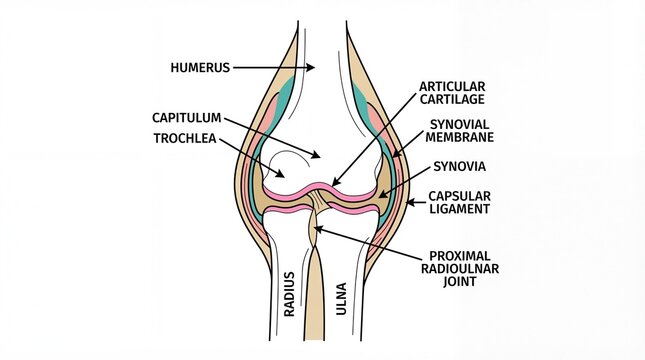 Detailed Labeled Illustration of Human Elbow Joint Anatomy and Bone Structure