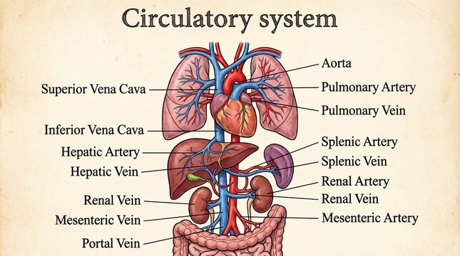 Detailed Vintage Style Circulatory System Anatomy Diagram Illustration