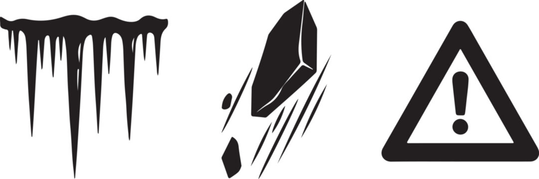 Winter hazard icons with icicles falling rocks and warning sign during cold weather Isolated on white background