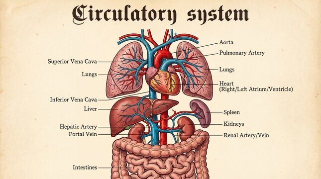 Detailed Vintage Circulatory System Anatomy with Labeled Organs Medical Illustration