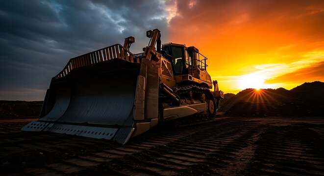 Heavy bulldozer on construction site at sunset dramatic sky.