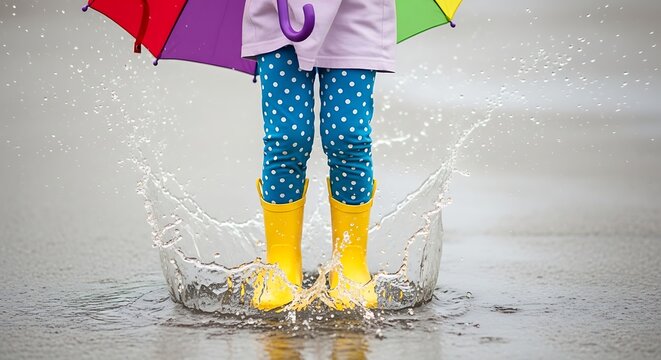 Child wearing yellow boots jumping in rain puddle with colorful umbrella.