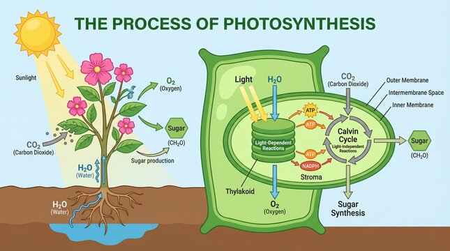 Detailed Colorful Plant Photosynthesis Diagram Illustration Explaining the Process For Education