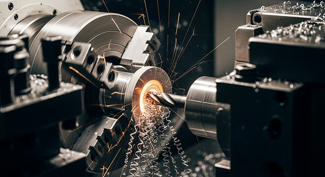 A worker operates a large industrial lathe machine in a factory, cutting metal with sparks flying everywhere.