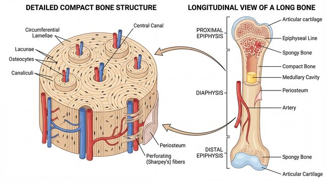 Detailed Illustration of Compact Bone Structure and Longitudinal Section of a Long Bone Anatomy