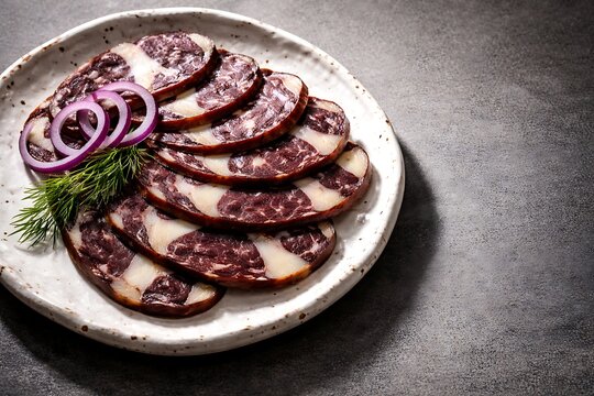 Kazy, traditional Kazakh horse meat sausage, perfectly cut circular slices arranged in elegant overlap on handcrafted white ceramic plate with irregular edges