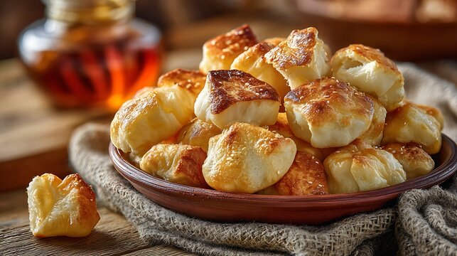 Baursak, traditional Kazakh fried bread, mountain of small golden diamond and ball-shaped pieces arranged in handcrafted terracotta ceramic bowl with cream glazed interior