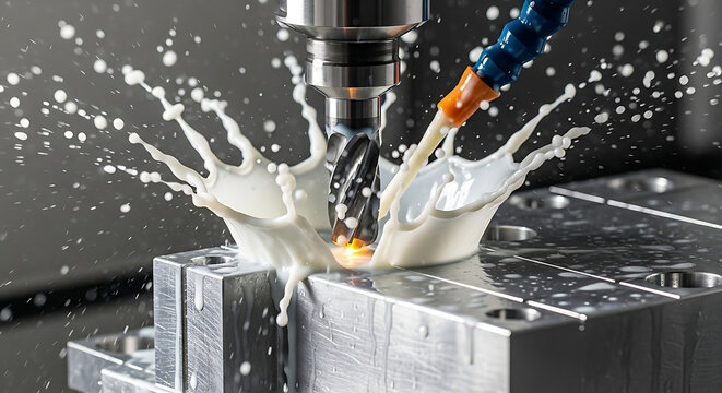Milk splashes as a drill cuts through a metal block in an industrial setting.