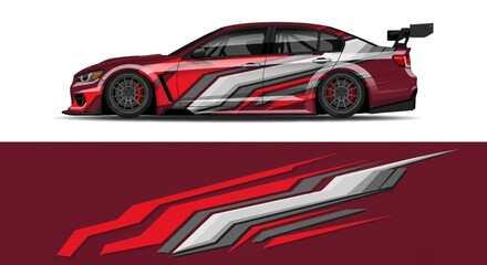 Red sports car profile with racing livery and emblem close-up. © Lailatul