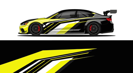 Fototapeta premium Side profile of a yellow and black sportscar with racing livery and bold graphic design.