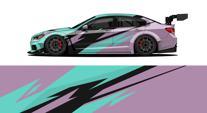 Vibrant customized sports car with bold graffiti graphics and teal accents.