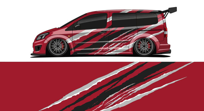 Vibrant red and black sport car with dynamic decals and motion blur.