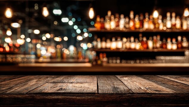 Empty wooden bar top against a blurred backdrop of glowing bottles and lights