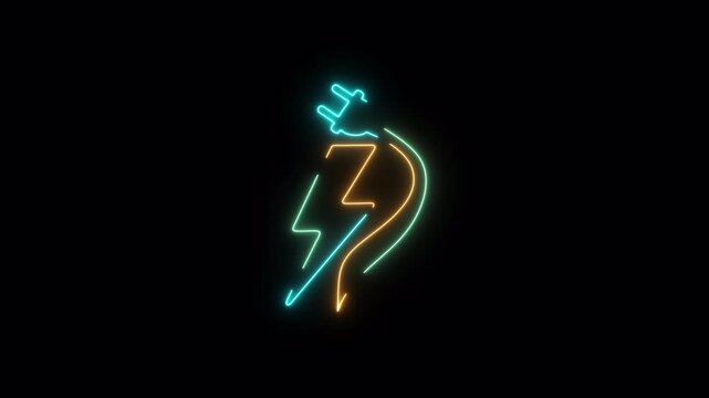 Green, blue, and yellow neon plug flash icon with glowing animation on a transparent background, 4K video