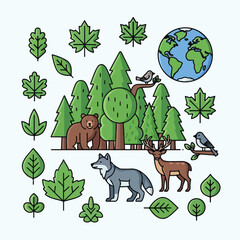 Fototapeta premium Nature Conservation Vector Set with Forest Animals Leaves and Environmental Elements Flat Design