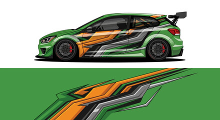Vibrant lime green race car with bold orange and silver livery, on a green track. © Lailatul