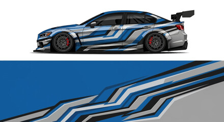 Blue and White Race Car with Dynamic Striped Graphic Design. © Lailatul