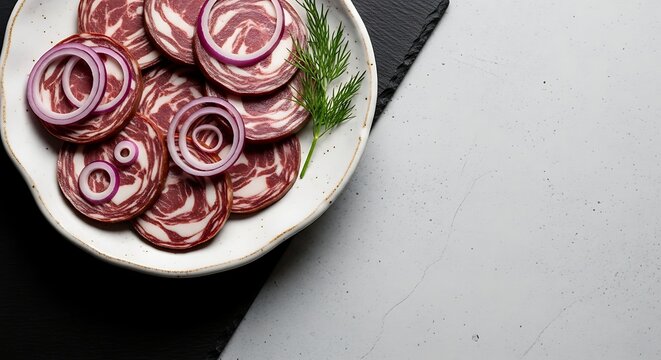 Kazy, traditional Kazakh horse meat sausage, perfectly cut circular slices arranged in elegant overlap on handcrafted white ceramic plate with irregular edges