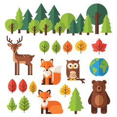 Fototapeta premium Nature Conservation Vector Set with Forest Animals Leaves and Environmental Elements Flat Design