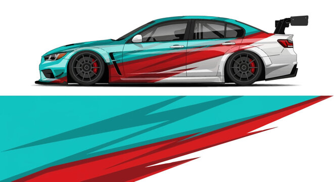 Stylized turquoise and red race car with bold graphic lines and decals across a dynamic track design.