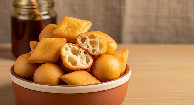Baursak, traditional Kazakh fried bread, mountain of small golden diamond and ball-shaped pieces arranged in handcrafted terracotta ceramic bowl with cream glazed interior