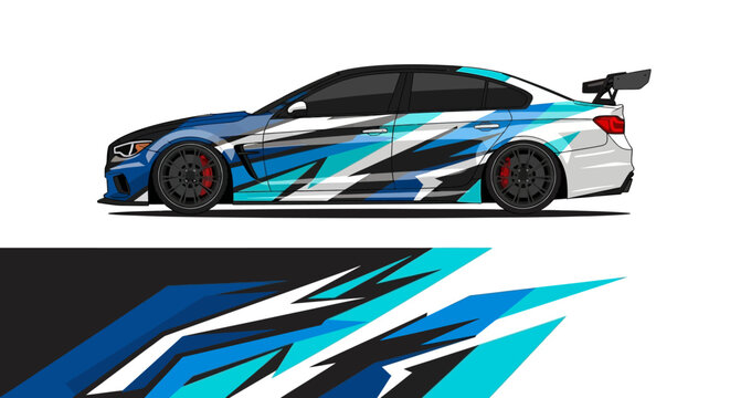 Stylized blue and white race car with bold angular graphics and racing decals in dynamic profile.