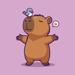 Obraz premium Cute Capybara with Bird and Heart Vector Illustration