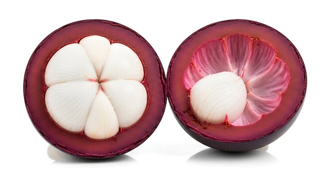 Two halves of a ripe mangosteen fruit with white segments inside