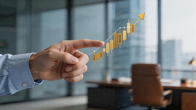 Business man finger pressing rising stock candlestick chart graph with arrow financial investment growth strategy concept economic profit trend in modern office background