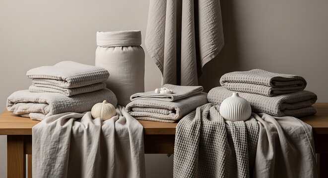 Neutral colored towels and decorative objects arranged on a wooden table