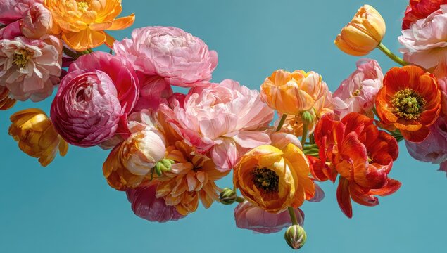 A vibrant bouquet of colorful blossoms cascades against a clear blue sky