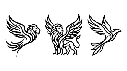Fototapeta premium Elegant Black and White Winged Lion and Bird Designs