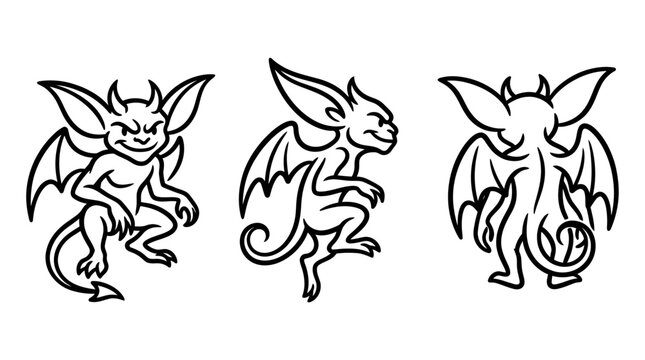 Set of Three Stylized Gargoyles in Different Poses Black and White