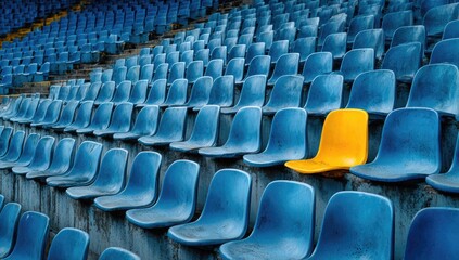 Naklejka premium Empty blue stadium seats with one bright yellow seat