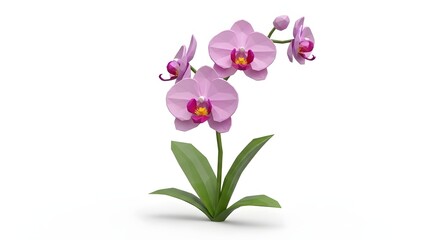 Fototapeta premium Low Poly Pink Orchid Flower Plant on White Background. Geometric Polygonal 3D Render of a Beautiful Phalaenopsis Orchid with Green Leaves.