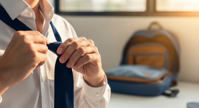Man tying blue necktie in office.
