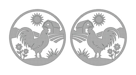 Rustic rooster farm logo set, vintage poultry barn silhouettes in circular frames, gray farmhouse landscape vector with sun and fields © ArsiStudio
