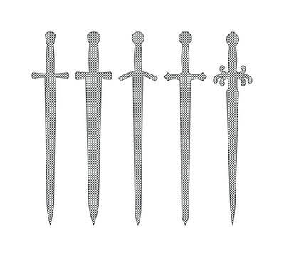 Medieval sword silhouettes set, collection of 5 historical knight blades, grey steel weapon icons, fantasy longsword and broadsword vector graphics