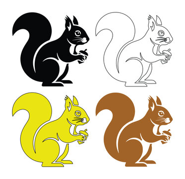 Squirrel silhouette vector icons set, minimalist forest animal graphics holding an acorn, black and brown squirrel illustrations for nature branding