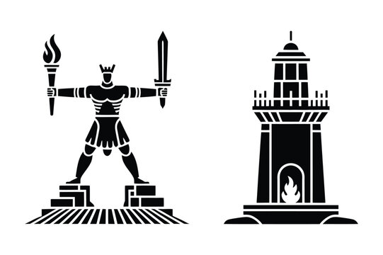 Colossus statue holding torch and sword, lighthouse with fire illustration
