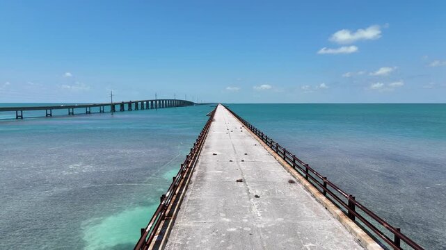 Aerial view flying over the old seven mile bridge near Pigeon Key in Monroe County, Florida.