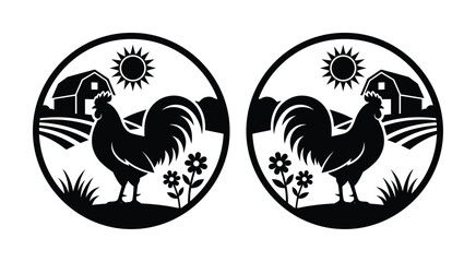 Vintage rooster farm logo silhouettes, rustic barn and sun landscape emblems, black and white poultry farm vector icons for organic food branding © ArsiStudio