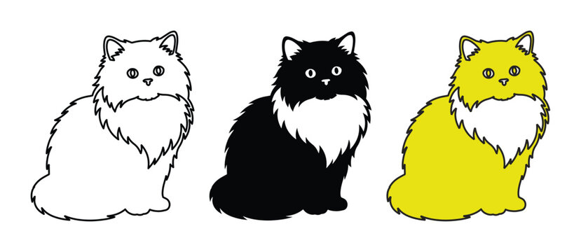 Fluffy longhair cat vector set, sitting persian cat illustrations in black, white and yellow colors, 3 cute feline pet icons for logo design